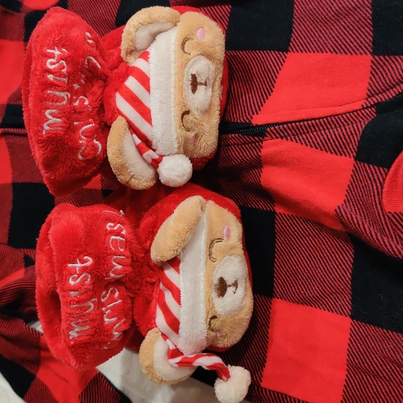 My first Christmas bundle Plaid footie Zip up pajamas teddy bear booties and bib - Picture 2 of 4